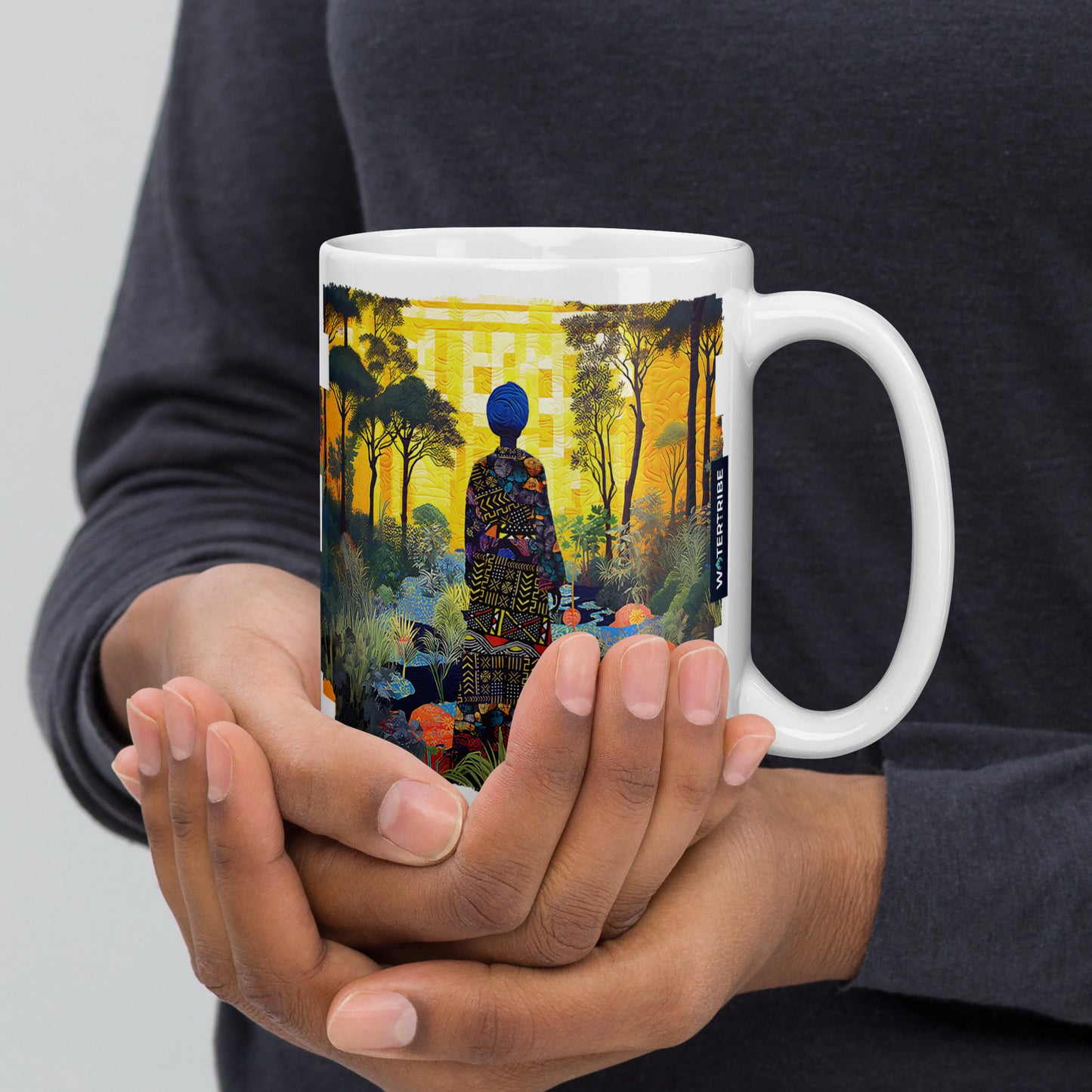 Discover the African Essence Mug - 15oz, a ceramic canvas featuring the enchanting beauty of Turkana through an afrofuturism lens. This large mug captures the essence of the region's art, with realistic impressionism and meticulous design. Ideal for conscious shoppers who appreciate cultural depth in their mugs.