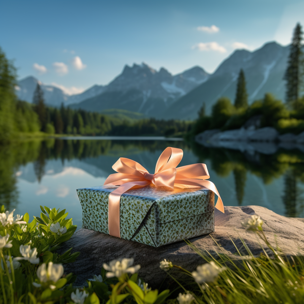 Elegant gift box with a pink bow on a rock by a serene lake, framed by mountainous vistas in shades of dark green and light orange, capturing a romantic, Swiss-style landscape.