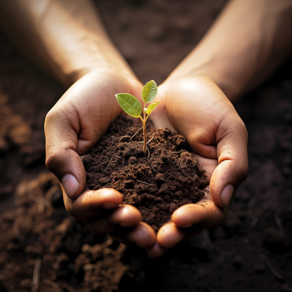 Hands nurturing a young tree sapling in soil, symbolizing environmental awareness and youthful energy, with a terracotta-dark brown palette, reminiscent of George Inness and George Elgar Hicks' styles, showcasing pastoral charm and exacting precision, ideal for online culture and eco-conscious carcore enthusiasts.