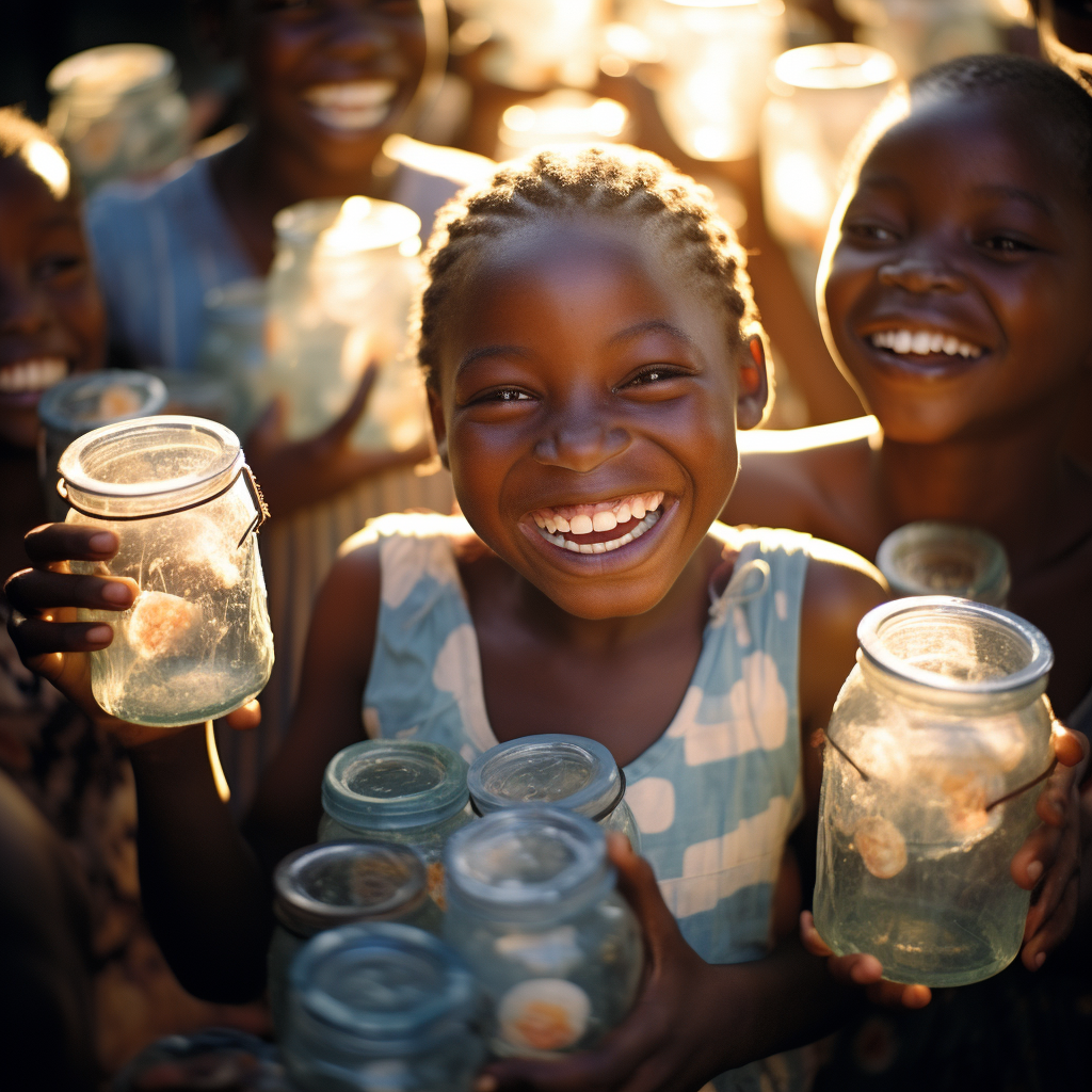 Girls with empty mason jars, ready to be filled with water, captured in a radiant, environmentally aware style, reminiscent of African, Oceanian, and American traditional arts. The image, glowing in soft golden light and taken with a Zeiss Batis 18mm lens, depicts a joyful celebration of nature and sustainability. Their smiles, set against a backdrop of dark aquamarine and beige, convey a sense of hope and anticipation, framed in a smilecore aesthetic with a touch of Chris Uminga's luminous reflections.