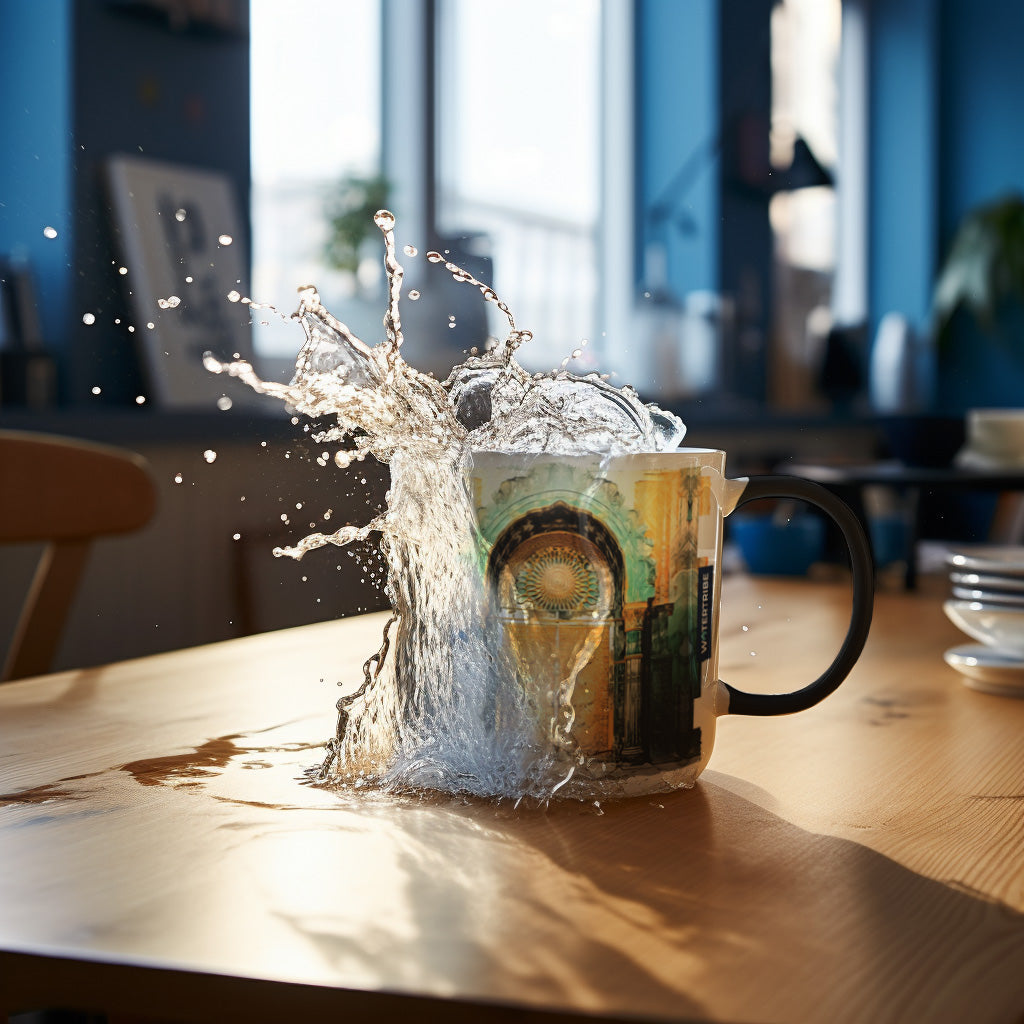 Hyper-realistic coffee mug with water splashing on a wooden table, blending National Geographic-style photography with storybook and urban energy illustrations, featuring multi-layered, photorealistic compositions in ultra-high-definition.