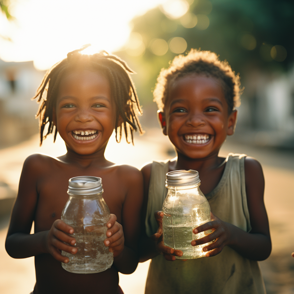 Two boys joyfully holding jars of water, captured in a UHD image that blends Ingrid Baars' sensitivity to the natural world with Afro-Caribbean and Afrofuturism styles. 