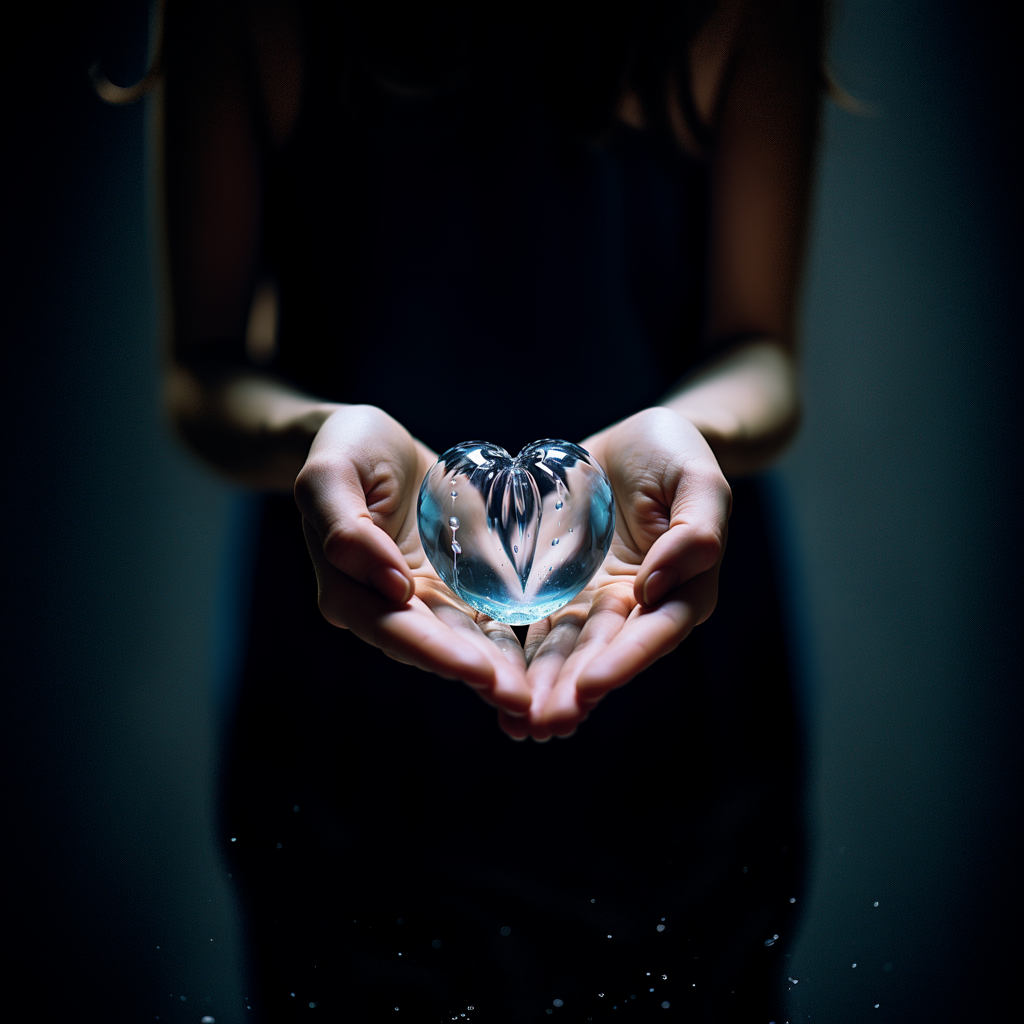 Woman holding a crystal heart-shaped object, blending mystical and spiritual styles with dark teal and silver hues, showcasing ethical, precision craftsmanship influenced by traditional Japanese techniques and Fujifilm Velvia photography.