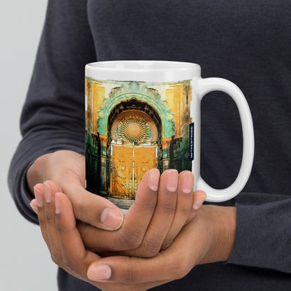 Experience the Ornate Gates Mug - 15oz, a captivating blend of Islamic art and architecture in a larger size. Perfect for those who appreciate grandiose designs and enjoy their beverage in generous quantities.