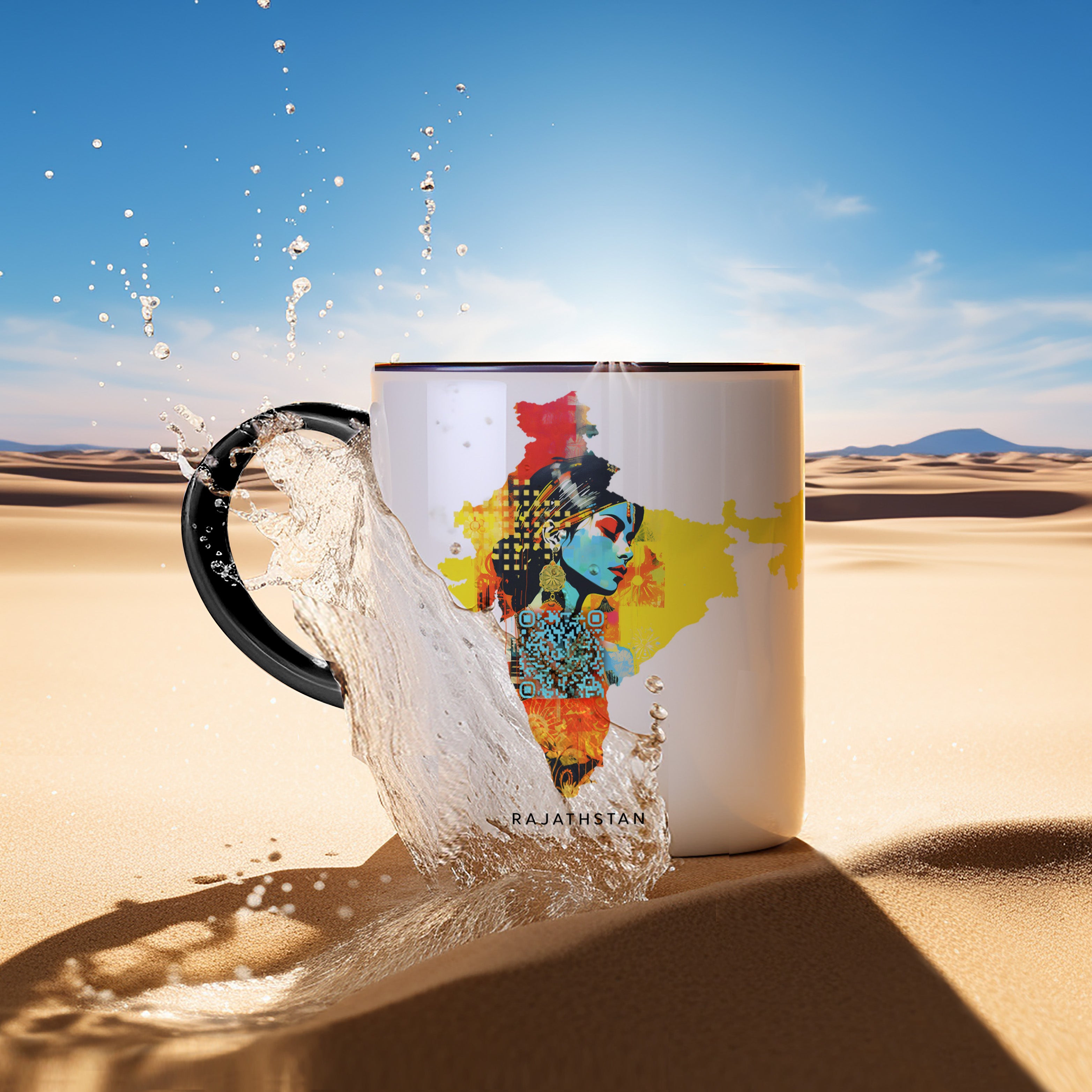 Explore Rajasthan's essence with our elegantly designed white mug set against the backdrop of the Rajasthan desert. The intricate design seamlessly blends a woman's face into the Indian map, creating a stunning fusion of digital constructivism in azure and amber hues. Inspired by artists like Joram Roukes and Shepard Fairey