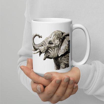 A close-up of the Elephant Coffee Mug with a prominent elephant print. This detailed character illustration style, akin to Zeiss Milvus 25mm lens captures dark white and light gold hues. The design emphasizes emotion over realism, evoking a sense of artistry found in Sketchfab and Yaka Art.