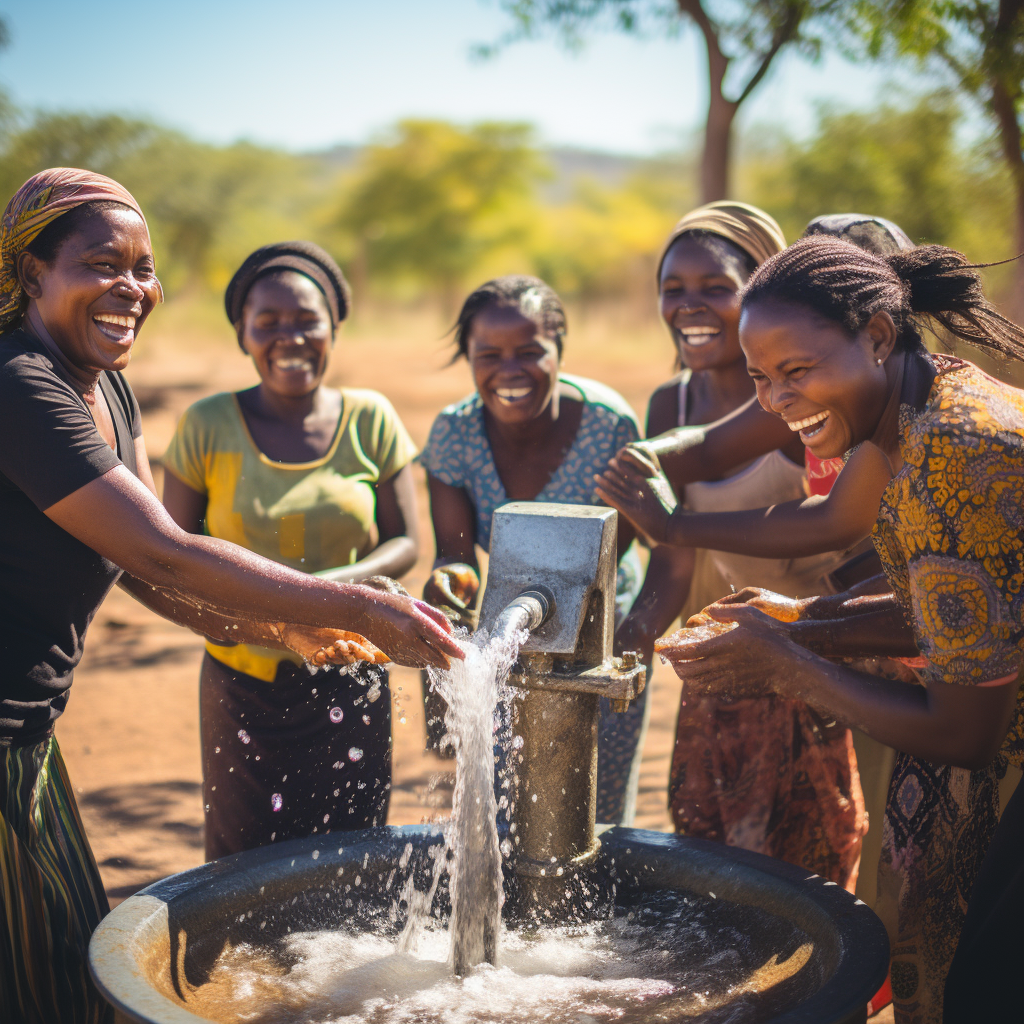 Smiling group of women at a water well, symbolizing feminine empowerment and environmental awareness in the Kalahari region. 