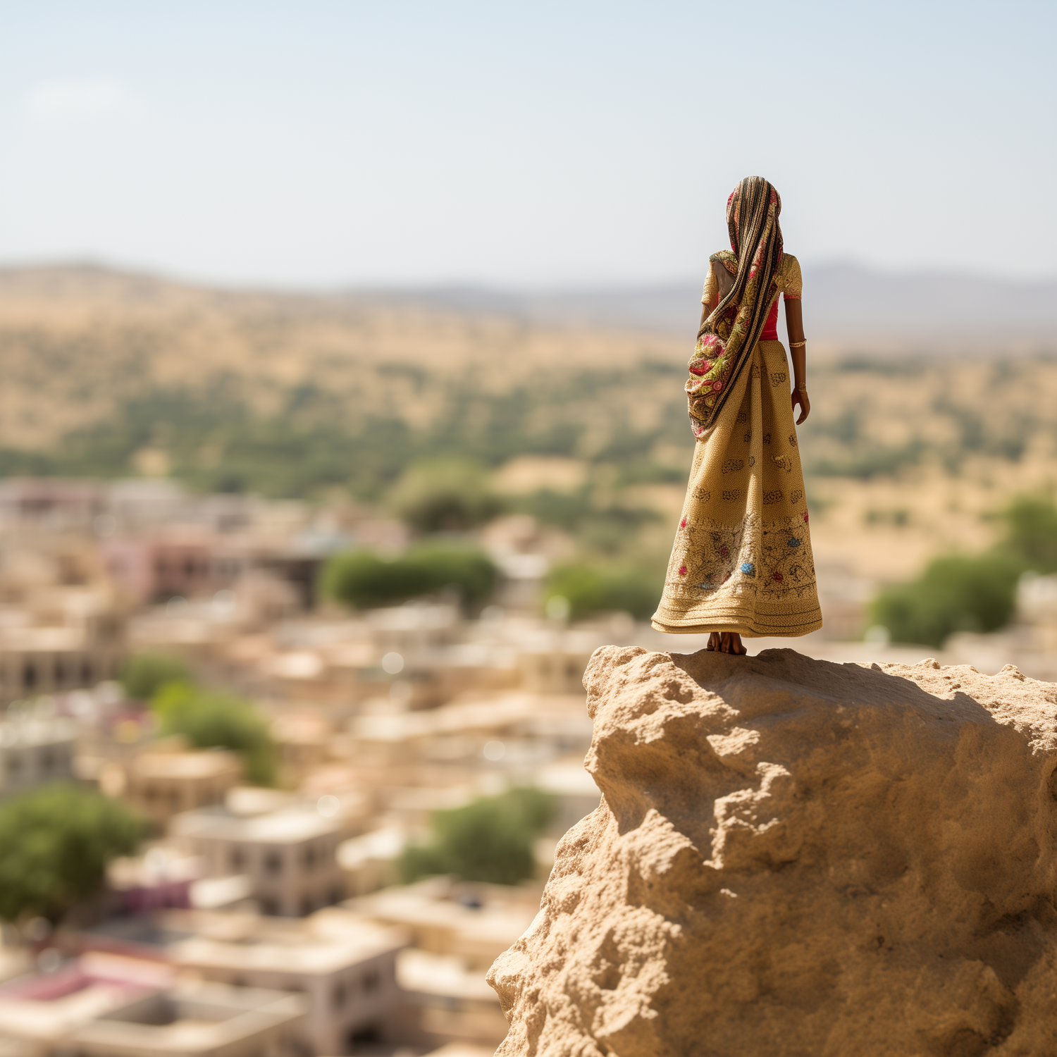 Women in traditional Rajasthan clothing standing on a high vantage point, gazing out over the vast Rajasthan desert city. This evocative image captures the essence of Rajasthan's culture and desert landscape.