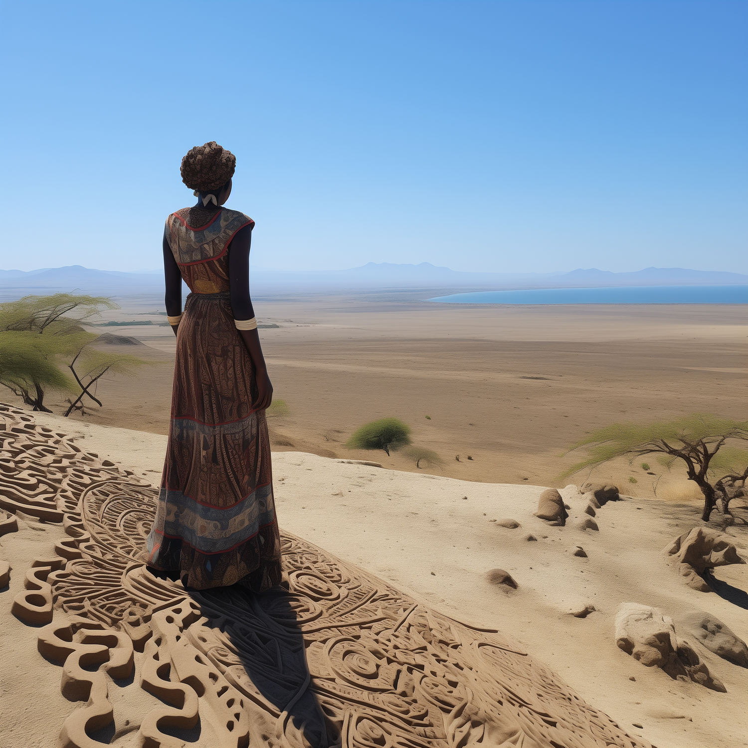 Women adorned in traditional Turkana clothing stand on a dried-up bank, surveying the expansive Turkana dry area. This image embodies the cultural richness and resilience of the Turkana people against the backdrop of their arid surroundings.