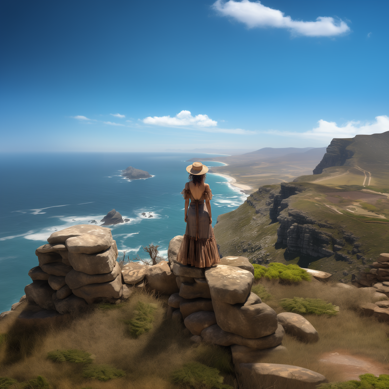  women dressed in traditional Western Cape clothing standing on a cliff overlooking the stunning Western Cape coastline. This image captures the cultural richness and breathtaking beauty of the region.